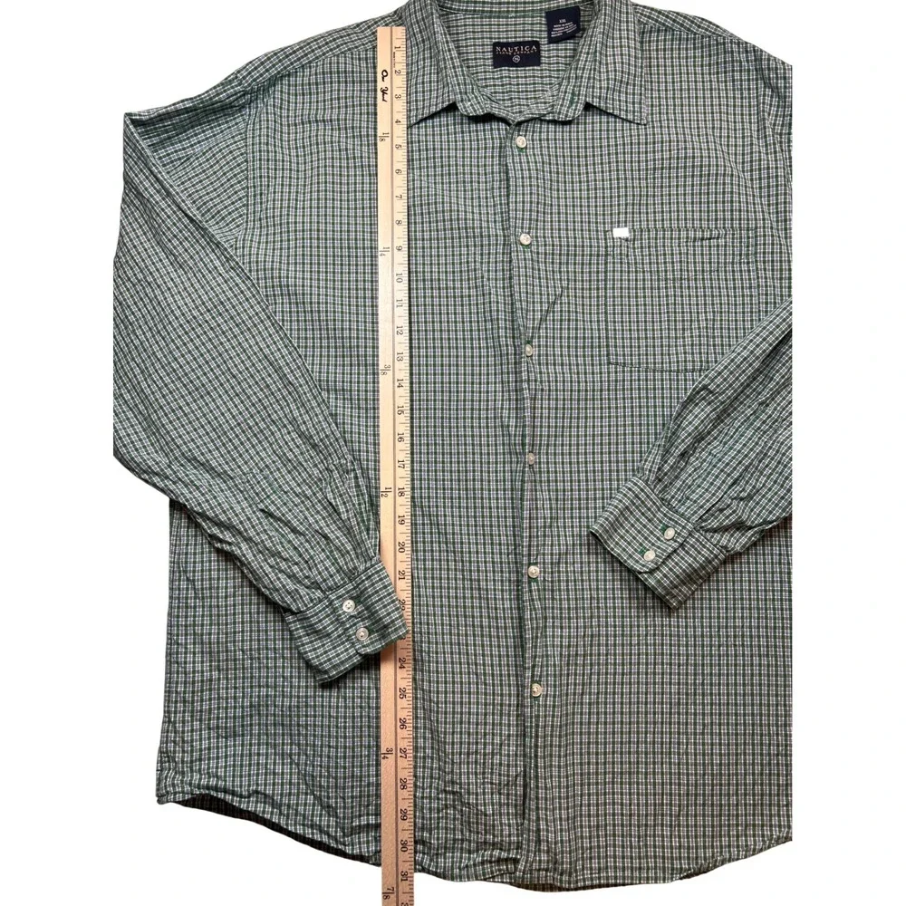 Nautica Jeans Company Mens XXL Green White Plaid Long Sleeve Button Down‎ Shirt